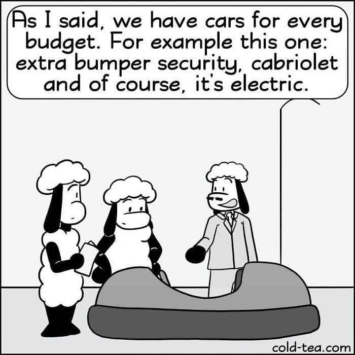 Comic with wacky sheep characters discussing an electric car with extra bumper security, featuring dry humor by Kowo.