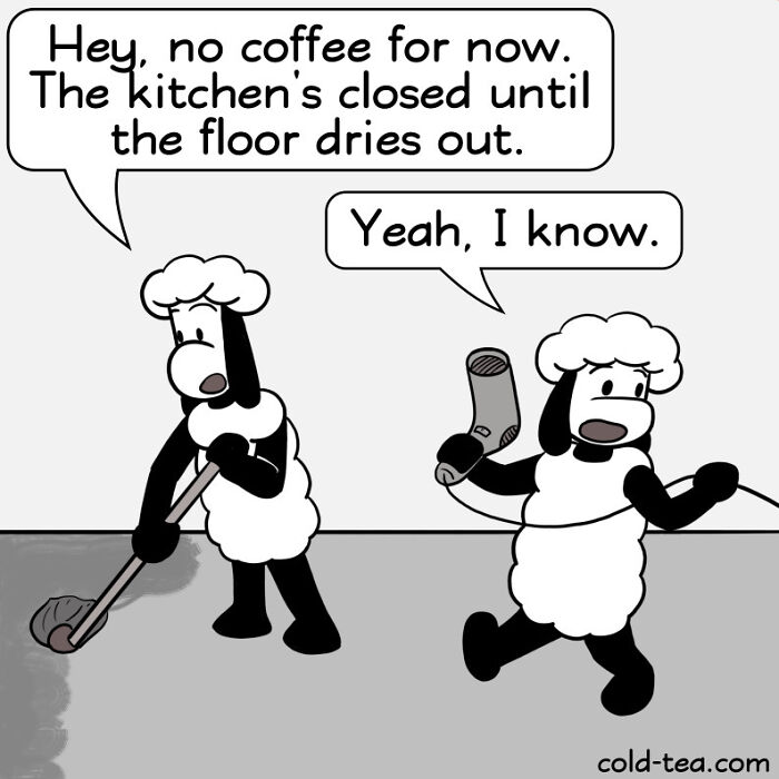 Two wacky sheep characters in a comic using dry humor about no coffee and a wet floor.
