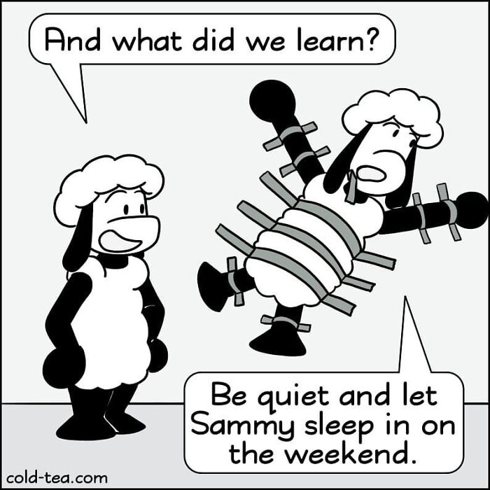 Two wacky sheep characters in a comic strip using dry humor about letting Sammy sleep in on weekends.