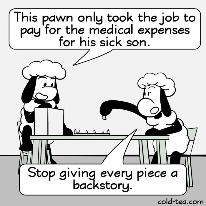 Black and white comic featuring wacky sheep playing chess with dry humor about job and backstory.