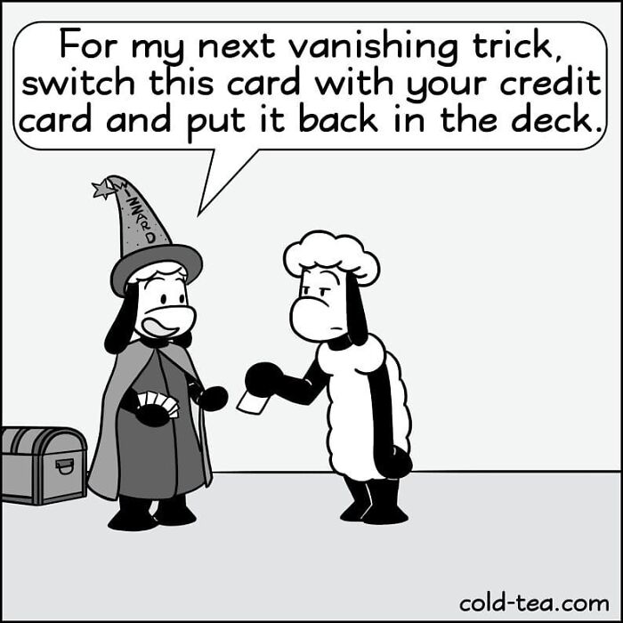 Comic featuring wacky sheep and dry humor, shows a magician dog performing a vanishing card trick with a skeptical sheep.