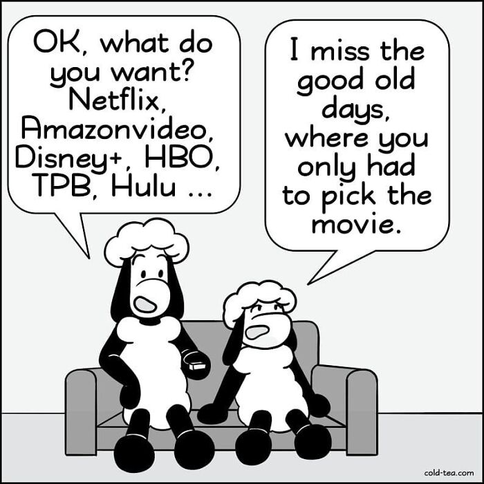 Two wacky sheep sitting on a couch, humorously discussing streaming services and missing simpler movie choices.