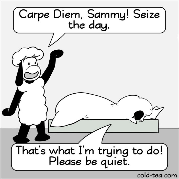 Comic featuring wacky sheep, one encouraging seize the day while the other prefers resting quietly in dry humor style.