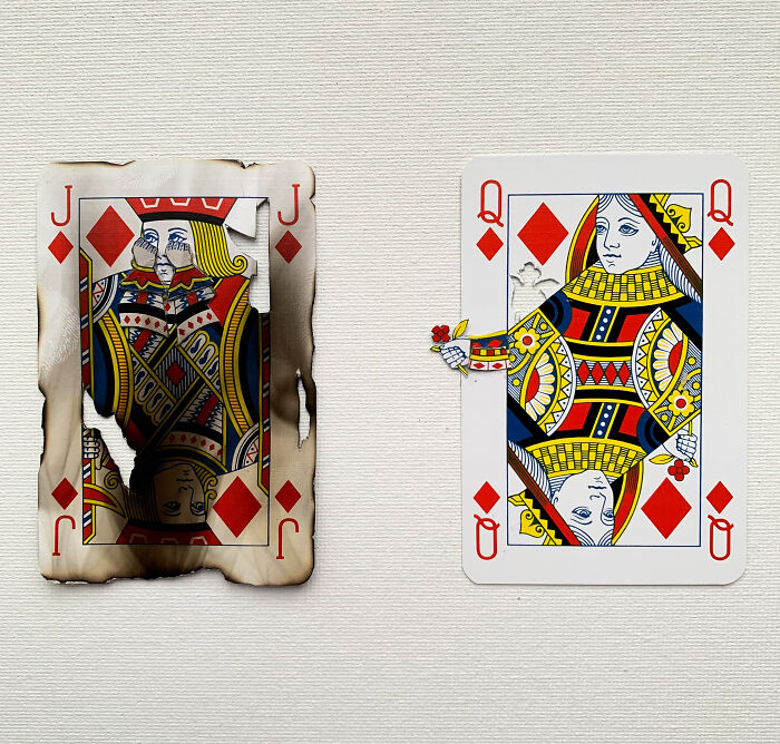 Two playing cards side by side with one showing burnt photo manipulation and the other a collage of a queen of diamonds card.