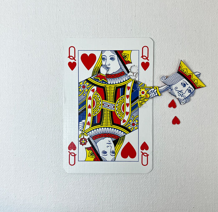 Photo manipulation of Queen of Hearts card with the king’s head cut out, bleeding heart symbols on a white background.