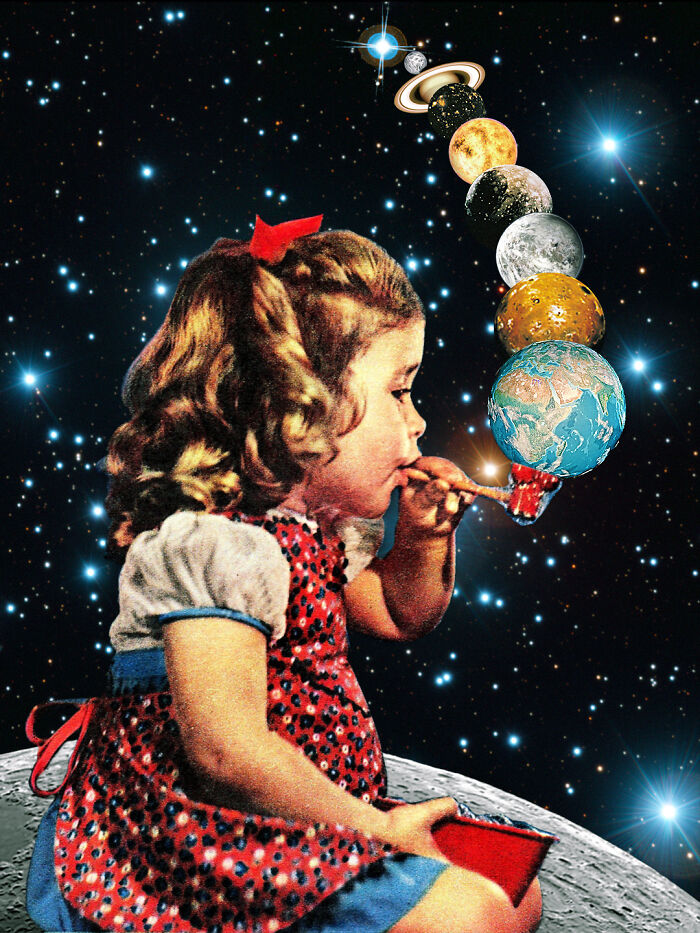 Vintage-style photo manipulation of a girl on the moon blowing planets from a pipe against a starry space background.
