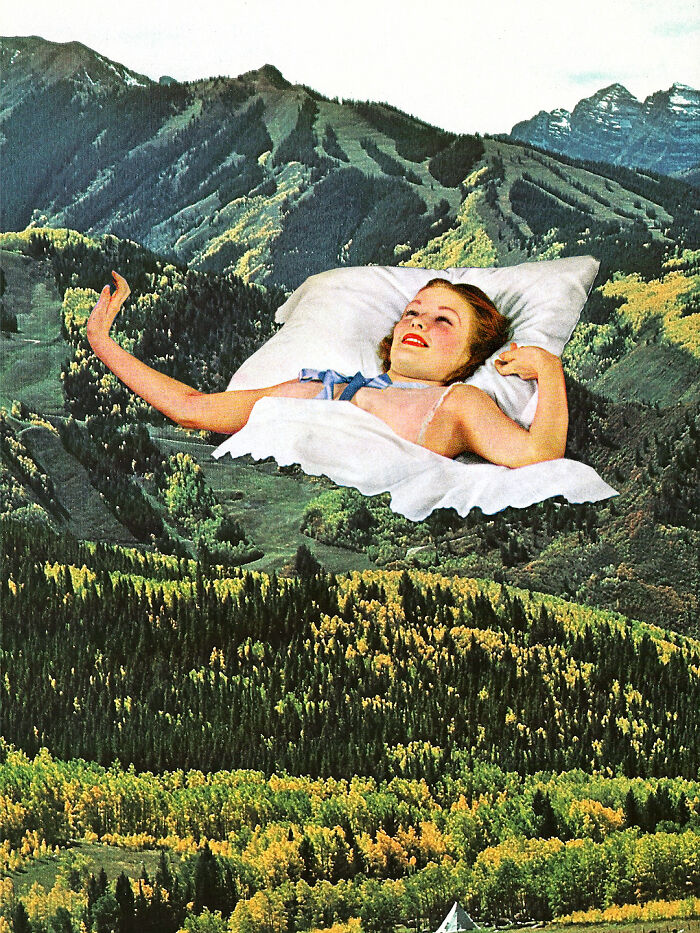Surreal photo manipulation showing a woman lying on a pillow floating above a lush green mountain landscape.