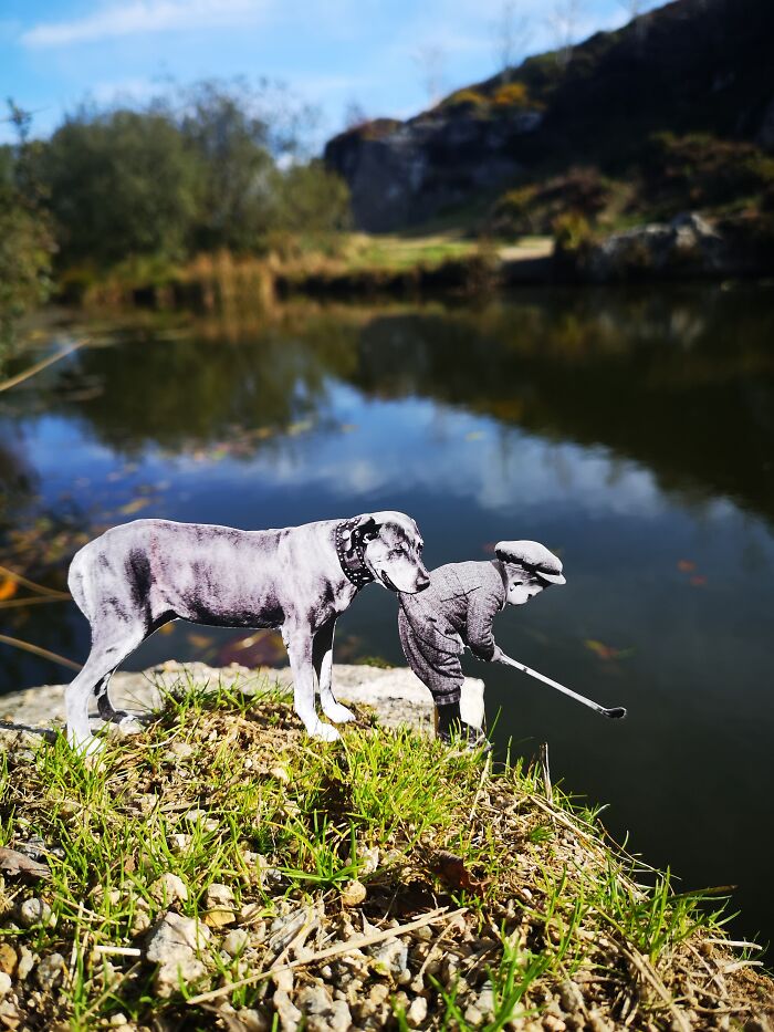 Photo manipulation of a boy playing golf by a lake with a dog, blending vintage and modern collage elements outdoors.