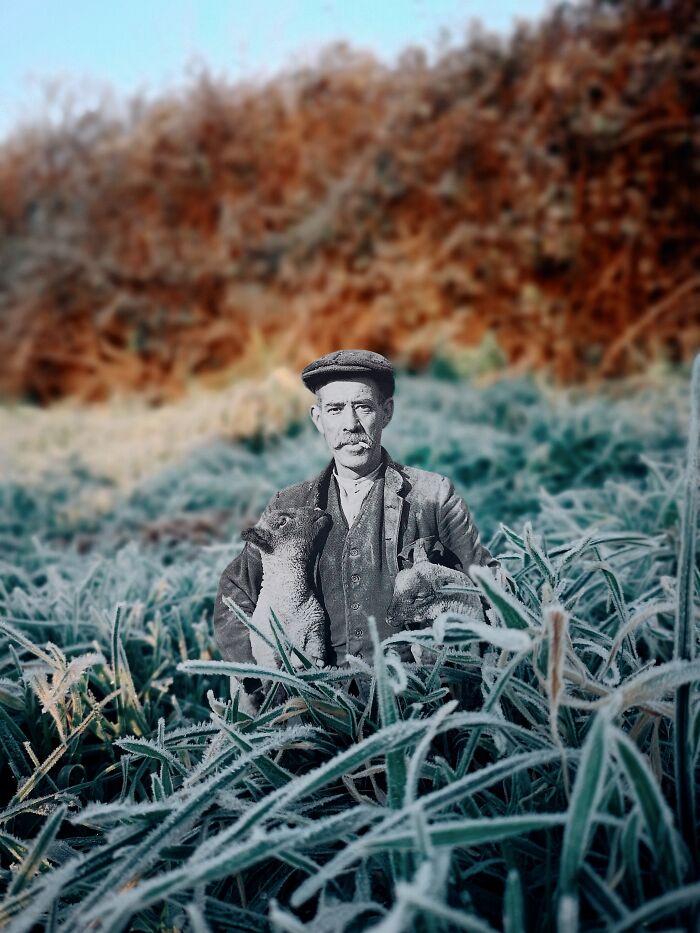 Vintage man with animals placed in a frosty field showcasing creative photo manipulations and collages art.