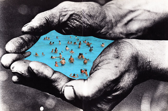 Black and white hands holding a pool of water with people swimming, creative photo manipulation and collage artwork.