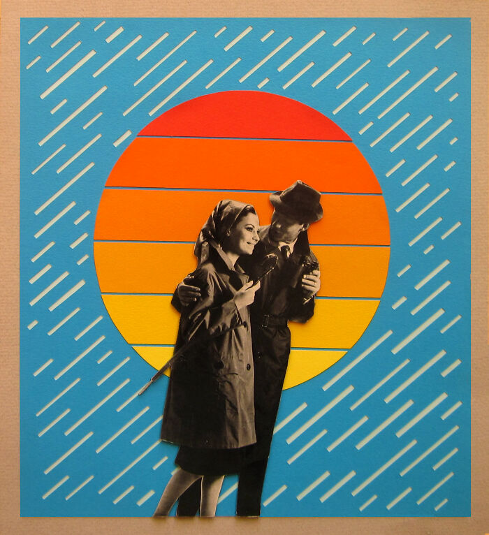 Black and white couple photo manipulation with colorful sunset and abstract rain pattern background collage artwork.