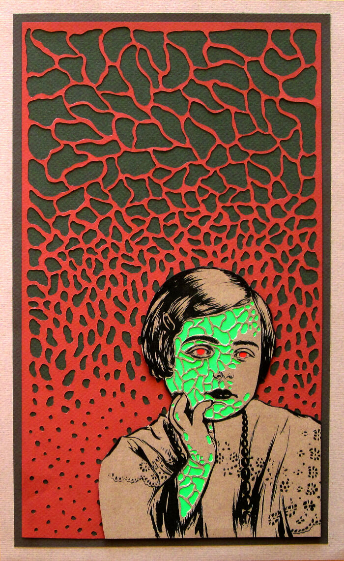 Surreal photo manipulation of a vintage girl with a glowing green c*****d face and red eyes against a red patterned background.