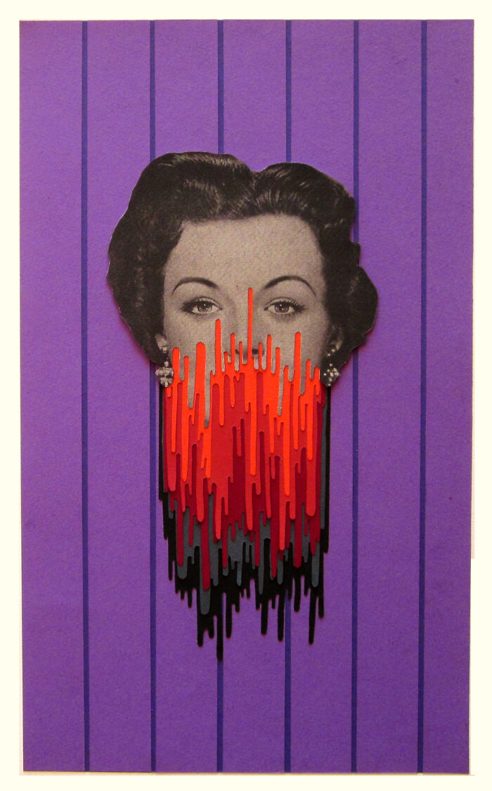 Vintage female portrait with red and black dripping photo manipulation on a purple striped background collage.