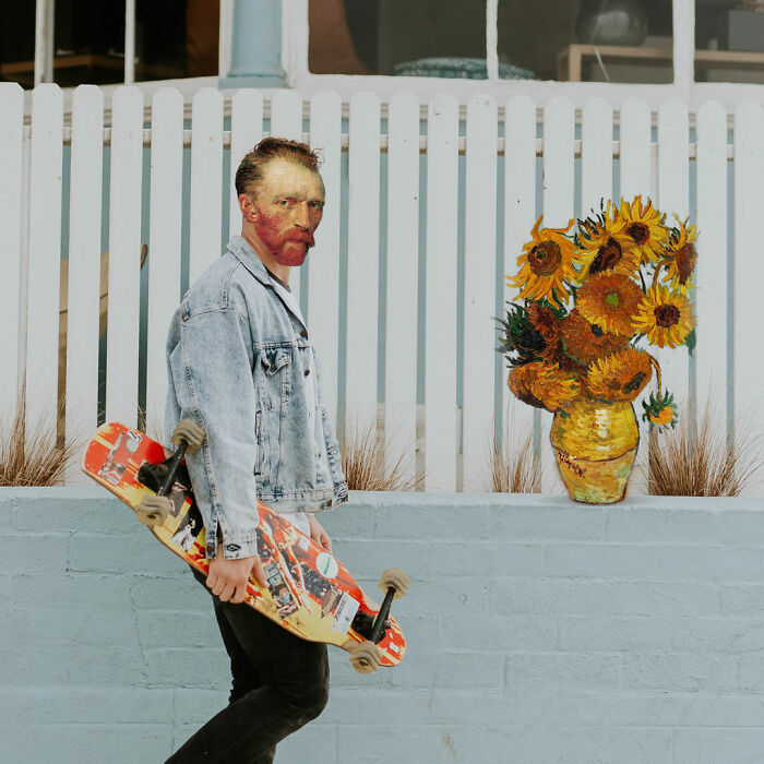 Photo manipulation of a man with Van Gogh’s face holding a skateboard next to a painted vase of sunflowers on a sidewalk.