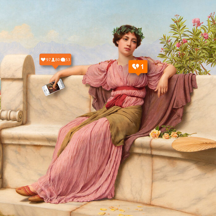 Classical painting mixed with modern photo manipulations showing woman with social media icons on a phone.