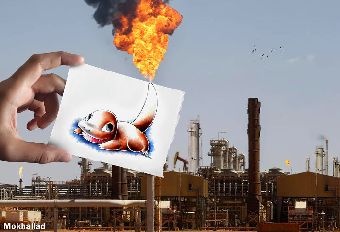Hand holding paper with cartoon lizard against industrial plant background in creative photo manipulation collage.