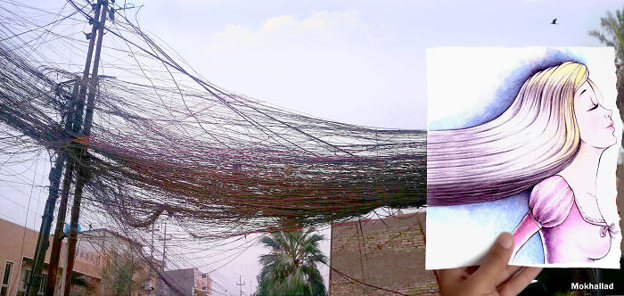 Hand-drawn photo manipulation of a woman’s hair blending into tangled electric wires above a street scene.