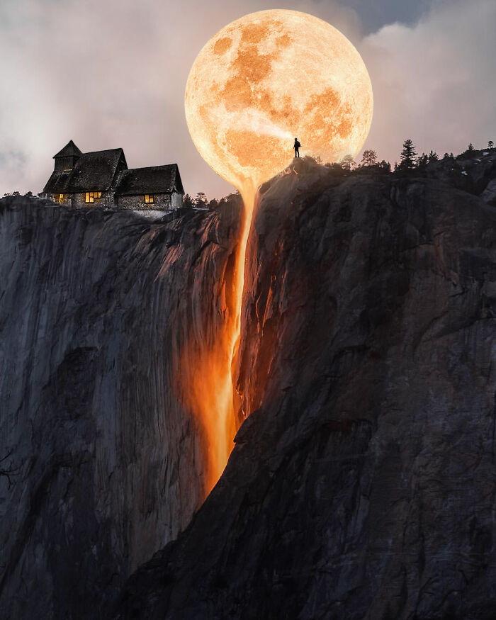 A surreal photo manipulation of a glowing moon melting like lava over a cliff near a house and a person standing at the edge.