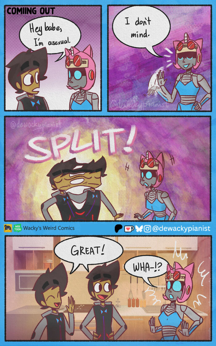 Colorful chaotic comic panels showing a humorous interaction between two characters in a hilarious comic style.