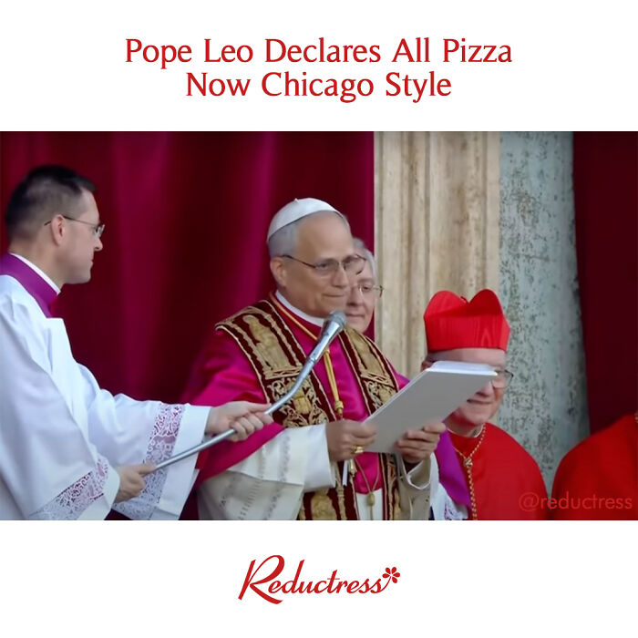 Pope Leo holding a document with clergy in red robes during a humorous fake article headline from Reductress online magazine.