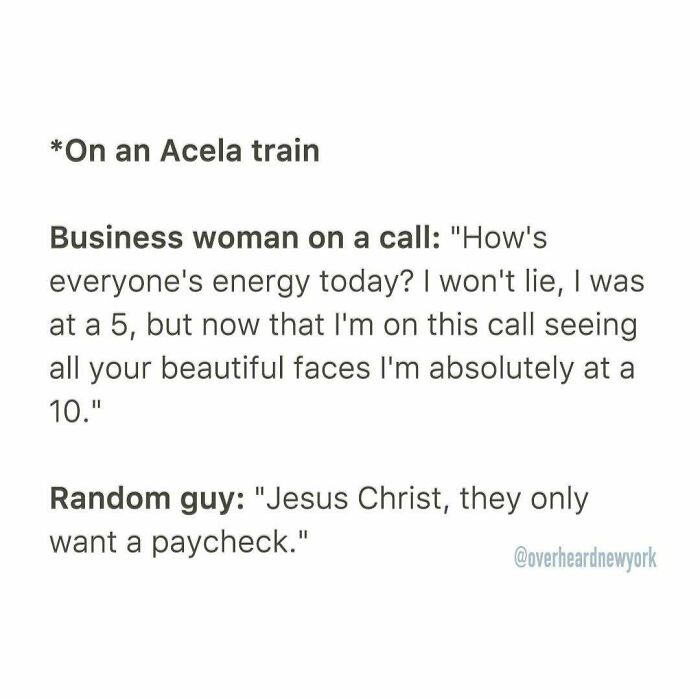 Text post showing a humorous overheard conversation on an Acela train with New Yorkers and their candid remarks.