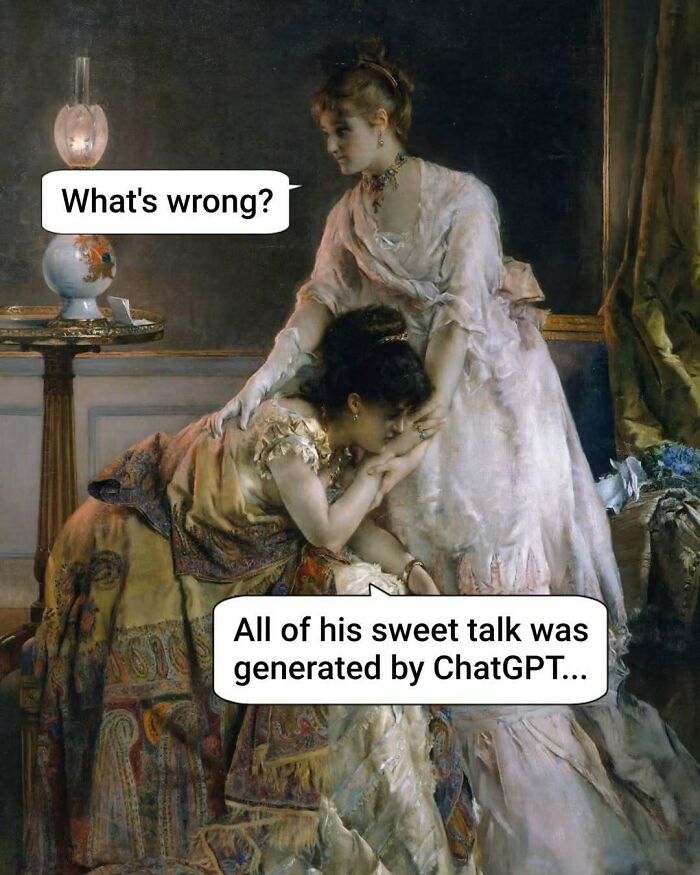 Two women in classical art style with speech bubbles, creating silly memes for classical art lovers humor.