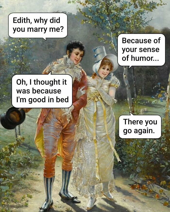Classical art lovers meme depicting a vintage couple humorously discussing reasons for marriage in a garden setting.