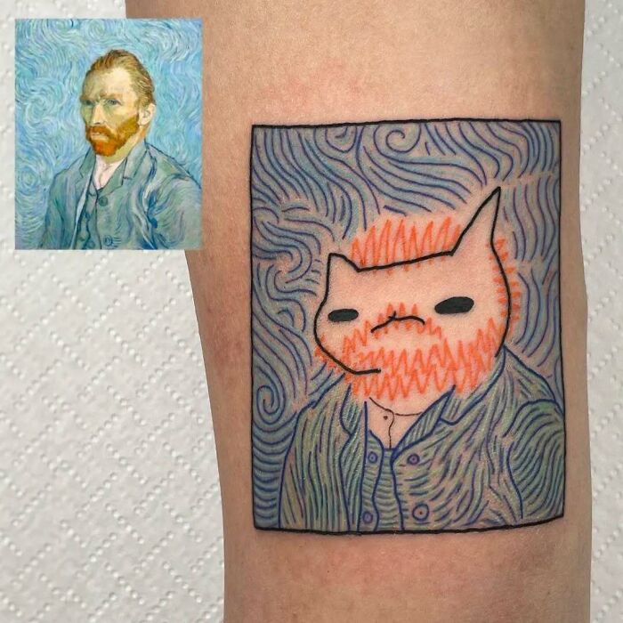 Tatuaje creativo que combina arte y humor con un diseño único inspirado en un retrato famoso.