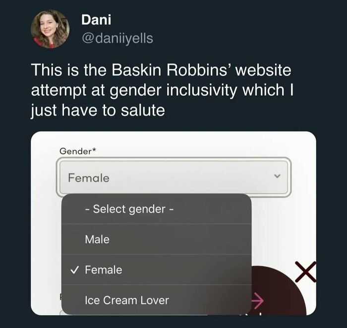 Tweet about Baskin Robbins including a gender selection menu with an unusual option in a random memes collection.