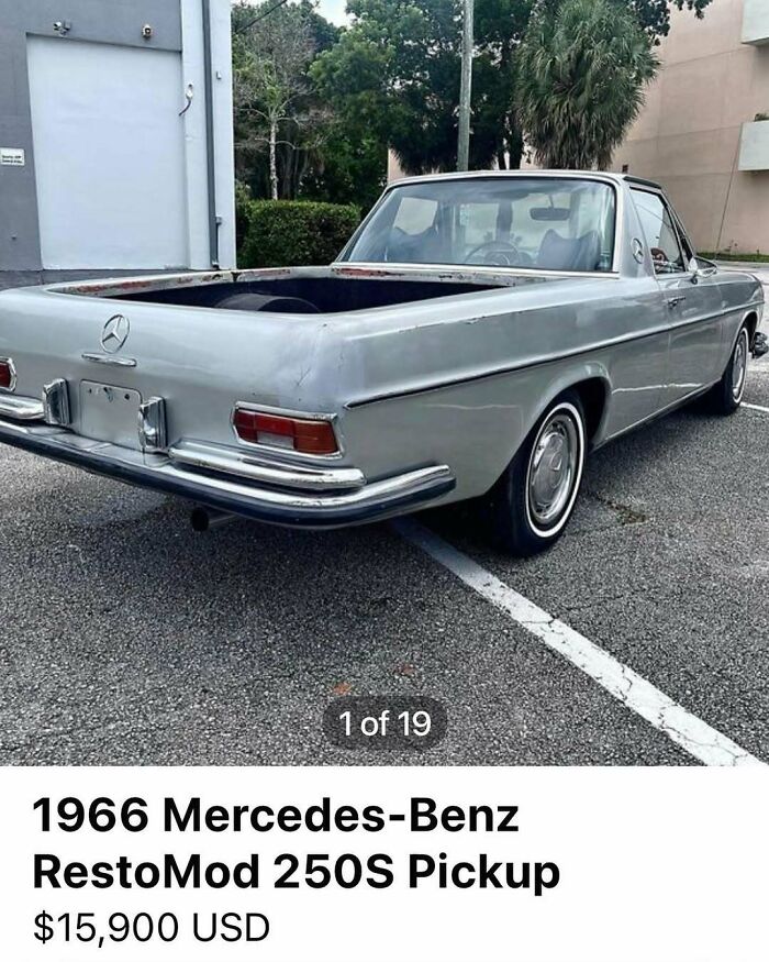 Classic 1966 Mercedes-Benz RestoMod 250S pickup parked outdoors, featured among cars of absolute chaos spotted for sale.