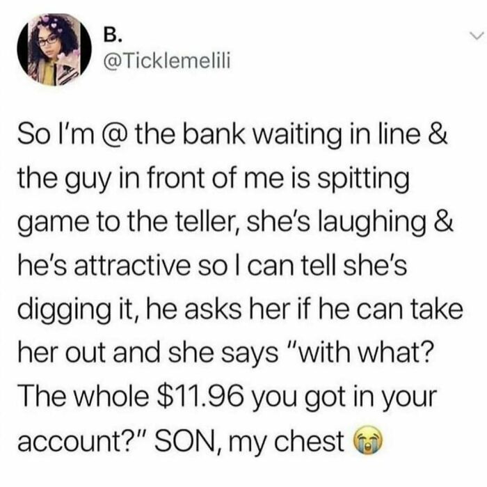 Funny meme about a bank interaction where a guy tries to impress a teller, featured in random memes collection.