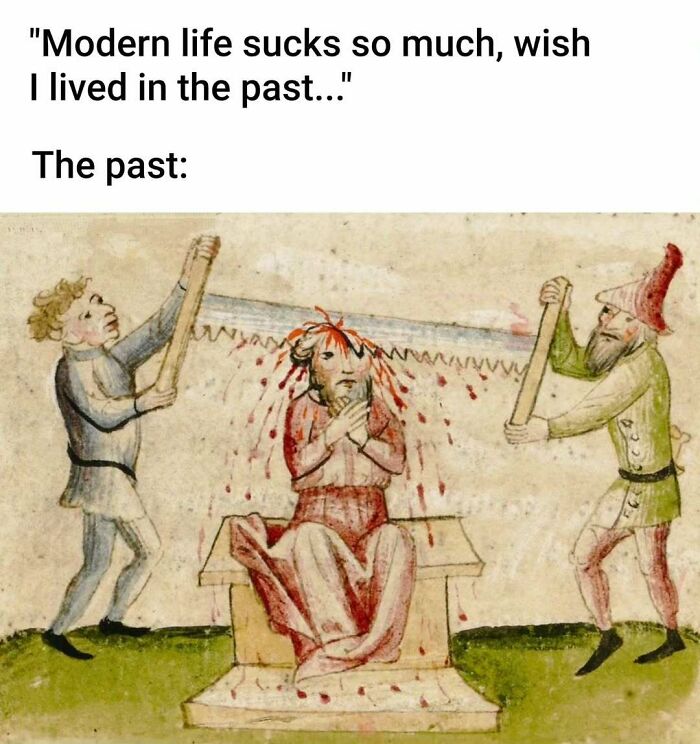 Medieval art meme showing two men sawing off a man’s head with a large saw, humorously highlighting classical art lovers.