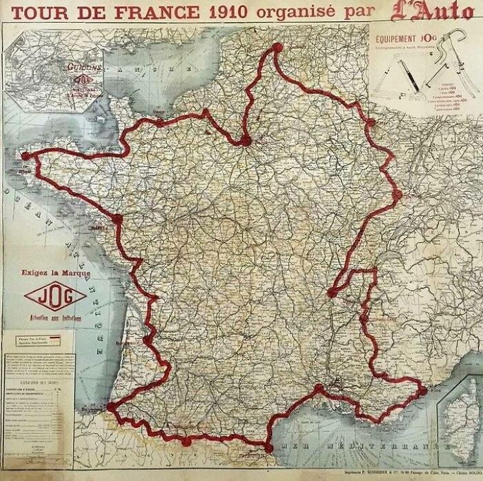 Vintage map showing the 1910 Tour de France route across France from a collection of curious maps.