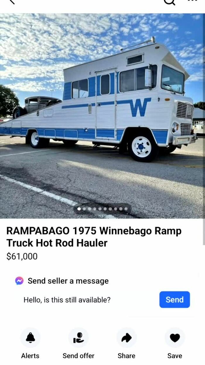 1975 Winnebago ramp truck listed on Facebook Marketplace with a vintage hot rod hauler design under clear blue sky
