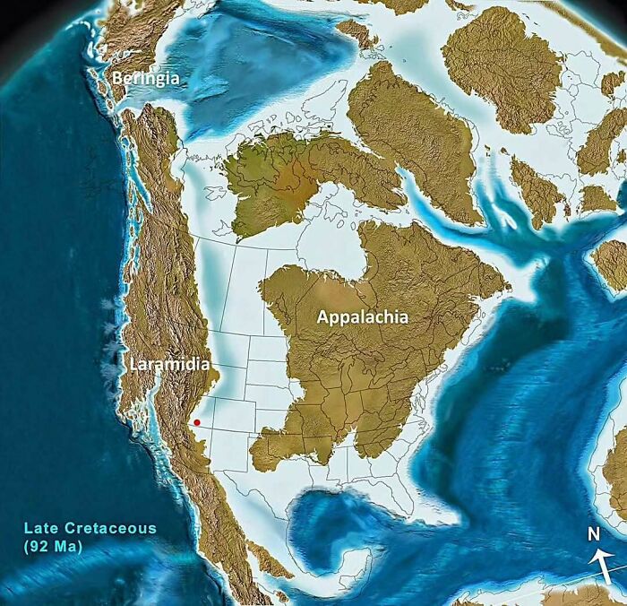 Map showing North America during the Late Cretaceous period with labeled regions Beringia, Laramidia, and Appalachia for curious maps.