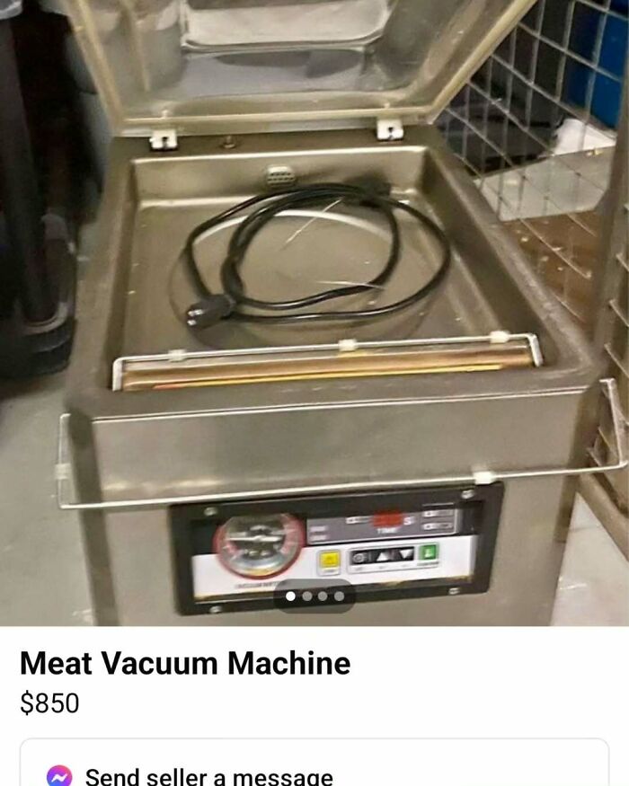 Meat vacuum machine listed on Facebook Marketplace showing a used commercial vacuum sealer with power cord inside.