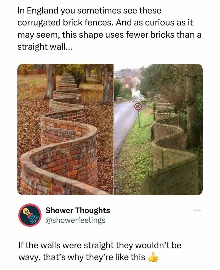 Corrugated brick fences in England with a wavy design that uses fewer bricks than a straight wall.