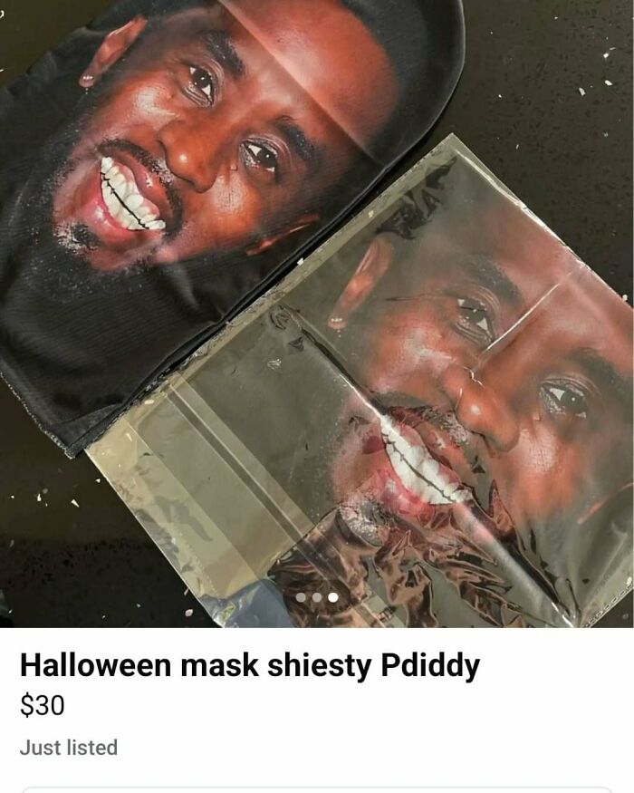 Halloween mask of P Diddy for sale on Facebook Marketplace showing wild listings and unusual items on the platform.