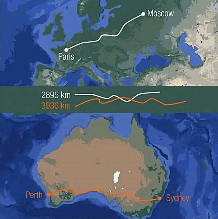 Map showing distances and routes between Paris to Moscow and Perth to Sydney highlighting curious maps and world knowledge.