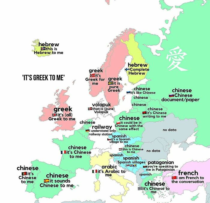 Map of Europe showing how different languages sound like Chinese, Greek, or other languages, a curious map to expand world knowledge.