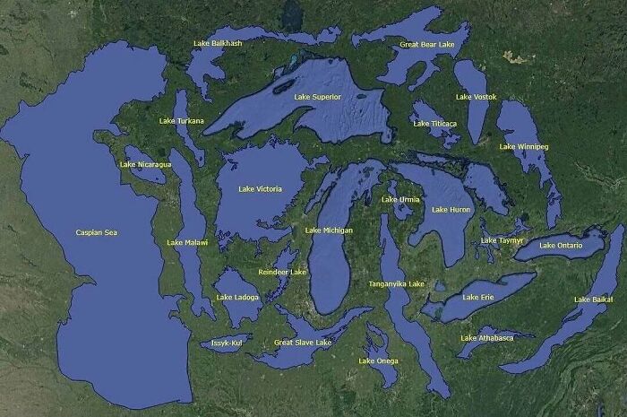 Map showing the world's largest lakes, highlighting global geography in curious maps to expand your knowledge of the world.