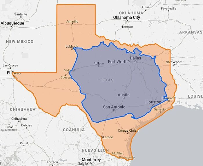 Map showing Texas with a highlighted inner region compared to the entire state borders for curious maps knowledge.