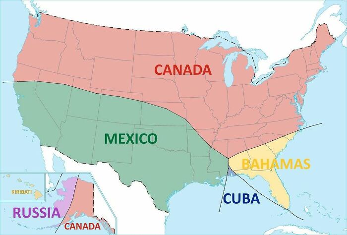 Map showing parts of the United States divided into curious regions labeled as Canada, Mexico, Bahamas, Cuba, and Russia.
