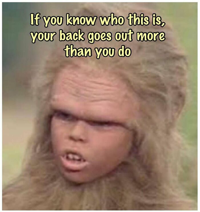 Close-up of an '80s movie character with long hair and caption about back pain, celebrating the good old 80s nostalgia.