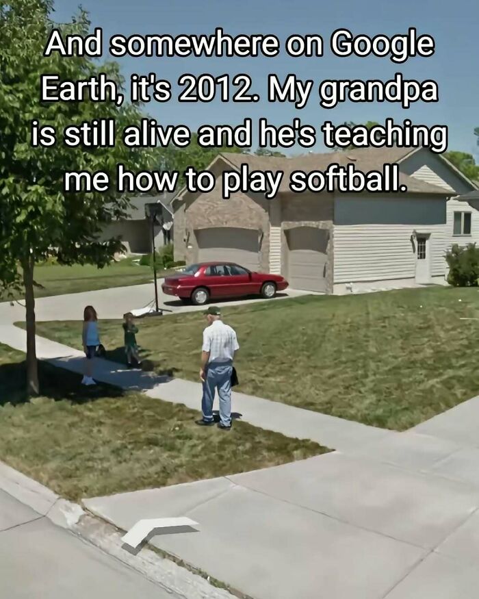 A funny and relatable meme showing a grandpa teaching softball in a suburban neighborhood, highlighting silly moments on Instagram.