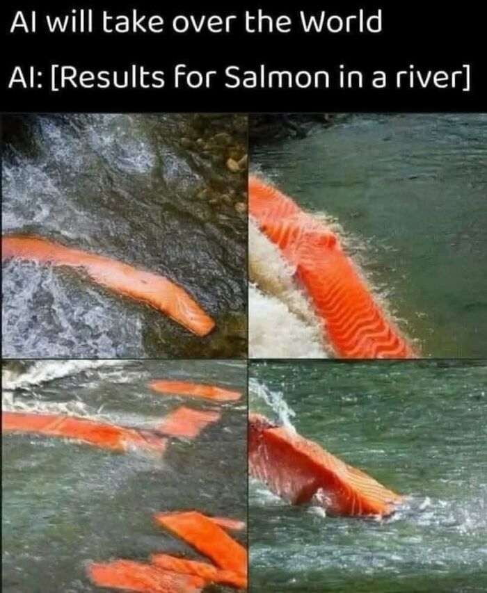 Funny AI meme showing salmon fillet pieces floating in a river instead of real fish in random memes that might make you laugh.
