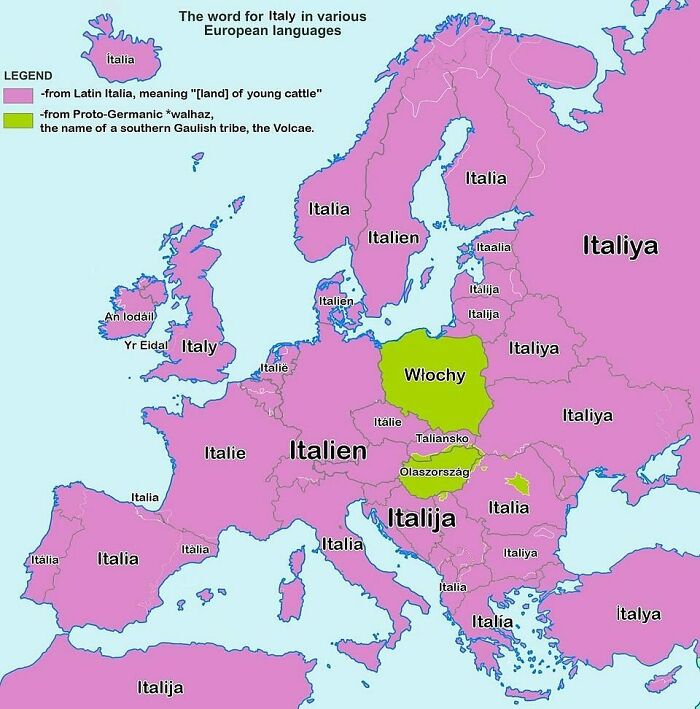 Map showing the word for Italy in various European languages, featured in curious maps to expand world knowledge.