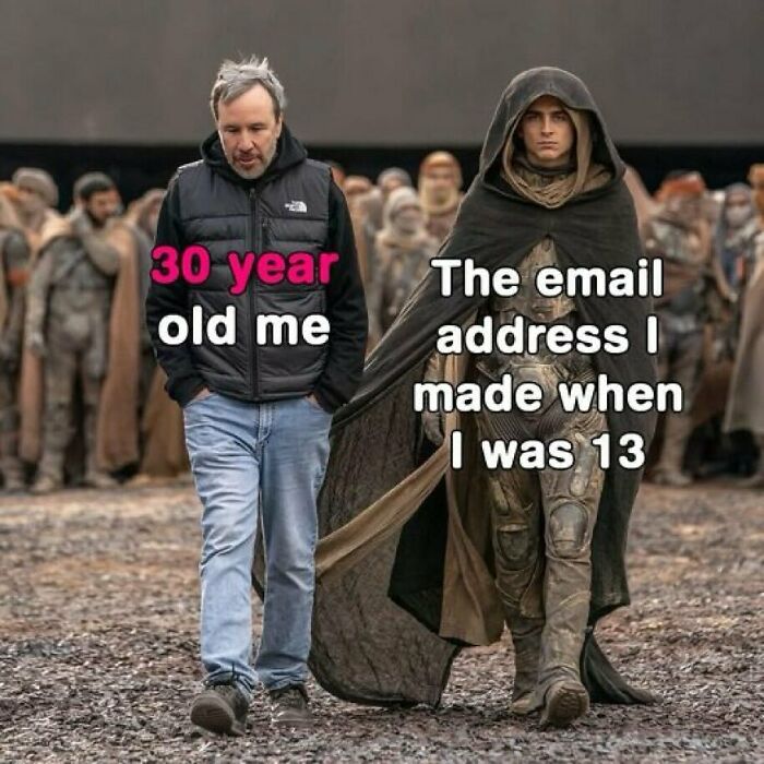 Man labeled 30 year old me walking next to a cloaked figure labeled the email address I made when I was 13 meme from Instagram.