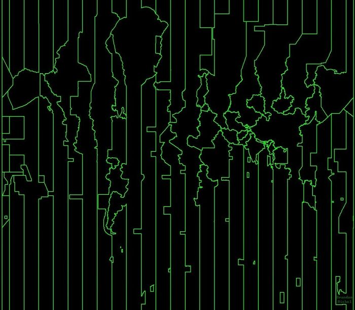 Abstract world map with green outlines and vertical sections, a curious map to expand knowledge of the world.
