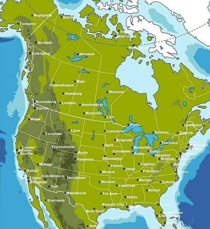 Map showing major cities across North America labeled with names, highlighting curious maps to expand knowledge of the world.